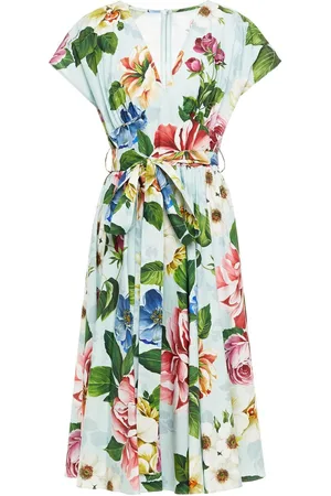 Dolce & Gabbana Belted floral-print cotton-poplin midi dress - Green