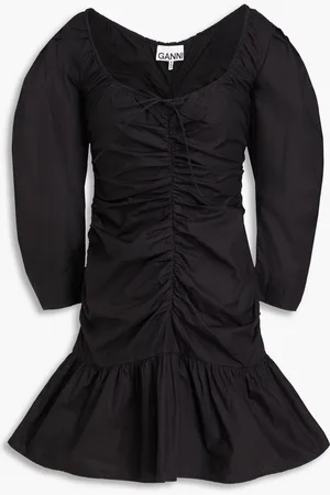 Ganni Ruched cotton-poplin mini dress