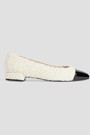 Stuart Weitzman Pearl embellished bouclé-tweed and patent-leather ballet flats - White