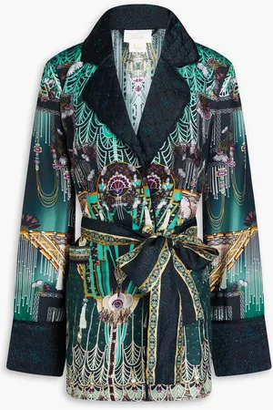 Camilla Embellished printed silk-twill and satin jacket - Green