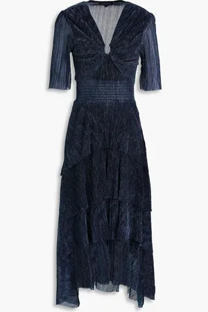 Maje Embellished tiered metallic plissé-tulle midi dress - Blue