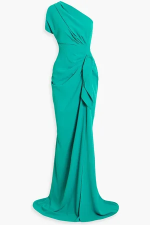 RHEA COSTA One-shoulder draped cady gown - Blue