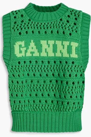 Ganni Cropped intarsia and pointelle-knit cotton-blend vest
