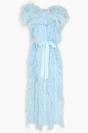 HUISHAN ZHANG Angelina off-the-shoulder feather-trimmed silk-organza midi dress - Blue