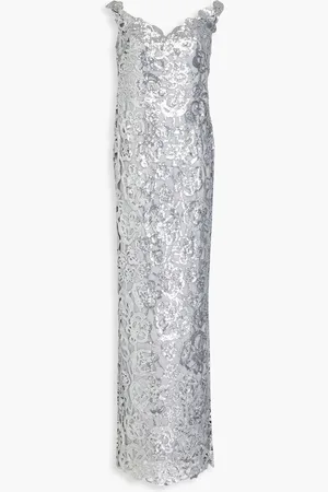 Marchesa Notte Off-the-shoulder sequined guipure lace gown - Metallic