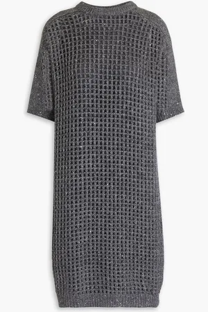 Brunello Cucinelli Sequin-embellished metallic open-knit mini dress - Gray