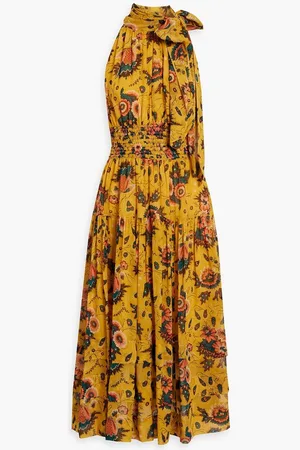 ULLA JOHNSON Maya shirred floral-print silk-chiffon midi dress - Yellow