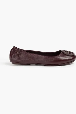 Tory Burch Embellished glossed pebbled-leather ballet flats - Burgundy