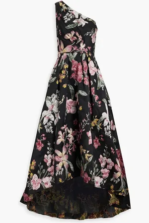 Marchesa Notte One-shoulder pleated brocade gown
