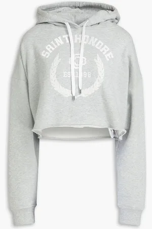 Maje Cropped embroidered cotton-fleece hoodie - Gray