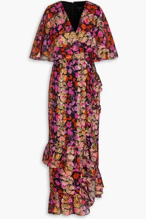 SALONI Rose ruffled metallic silk-blend fil coupé mini dress