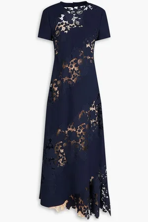 Oscar de la Renta Cutout guipure lace-paneled wool-blend maxi dress - Blue