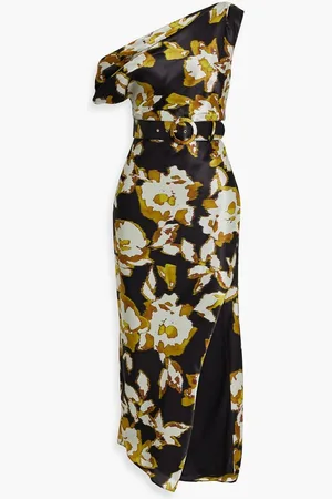 Nicholas One-shoulder printed satin midi dress - Yellow