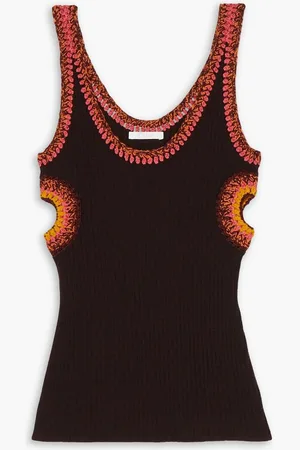 Chloé Cutout crochet-trimmed ribbed wool tank - Brown