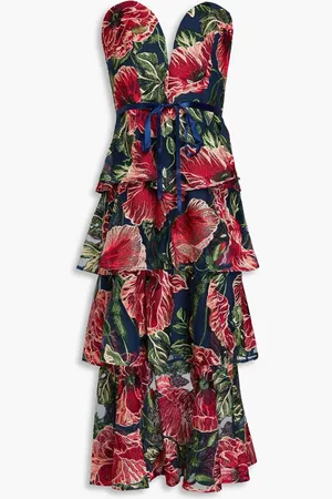 Marchesa Notte Strapless tiered embroidered tulle midi dress - Blue