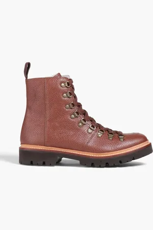 GRENSON Nanette shearling-lined pebbled-leather combat boots - Red