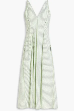 STINE GOYA Jayden pleated striped cotton-poplin midi dress - Green