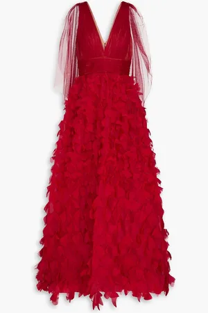 Marchesa Notte Appliquéd plissé-tulle and organza gown - Red