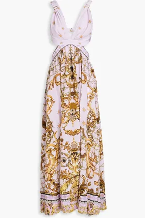 Camilla Cutout crystal-embellished printed silk crepe de chine maxi dress - Purple