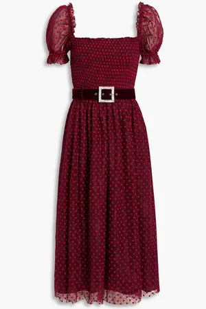 Rebecca Vallance Midnight Kiss belted flocked lace midi dress