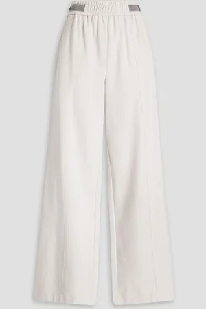 Brunello Cucinelli Bead-embellished French cotton-blend terry wide-leg track pants - White