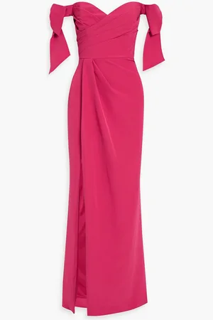 Marchesa Notte Off-the-shoulder bow-embellished crepe gown - Pink