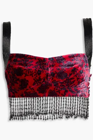 SALONI Cropped fringed bead-embellished printed velvet top - Red