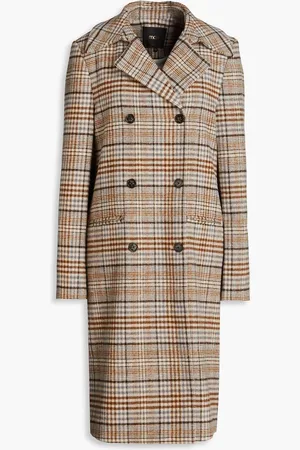 Maje Checked brushed-felt coat - Brown