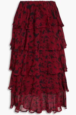 Ganni Tiered printed georgette midi skirt - Red