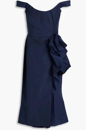 Marchesa Notte Off-the-shoulder floral-appliquéd taffeta midi dress - Blue