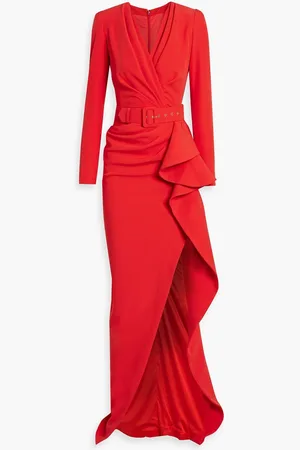 RHEA COSTA Belted draped crepe gown - Red