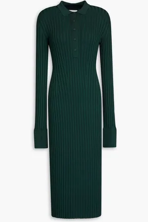 GALVAN Ribbed-knit midi shirt dress - Green