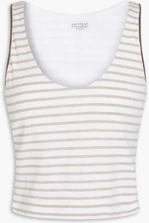 Brunello Cucinelli Bead-embellished striped cotton-jersey tank - Neutral