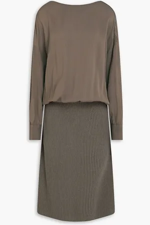 Fabiana Filippi Crepe de chine-paneled ribbed wool, silk and cashmere-blend midi dress - Neutral