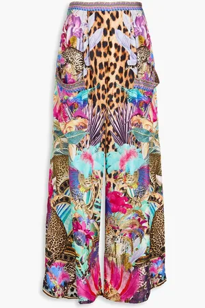 Camilla Crystal-embellished printed silk-twill wide-leg pants - Blue