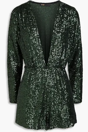 Maje Sequin-embellished knitted playsuit - Green