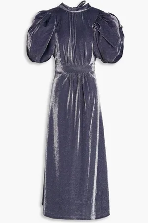 ROTATE Cutout gathered metallic jersey midi dress - Blue