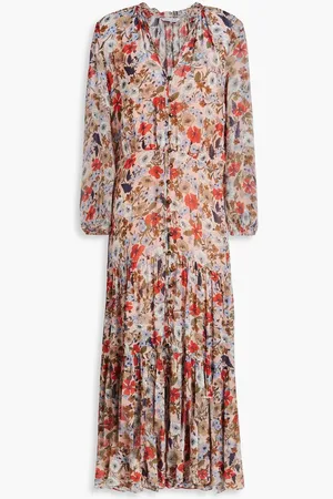 VERONICA BEARD Zovich tiered floral-print crepe de chine maxi shirt dress - Orange