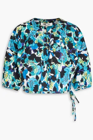 Diane von Furstenberg Dario cropped printed cotton-blend poplin top - Blue