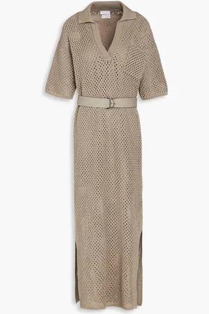 Brunello Cucinelli Belted open-knit cotton midi dress - Neutral