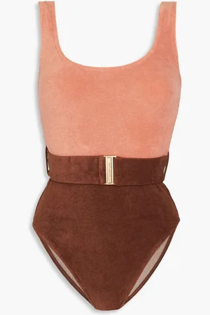 ZIMMERMANN Belted two-tone cotton-blend terry swimsuit - Pink