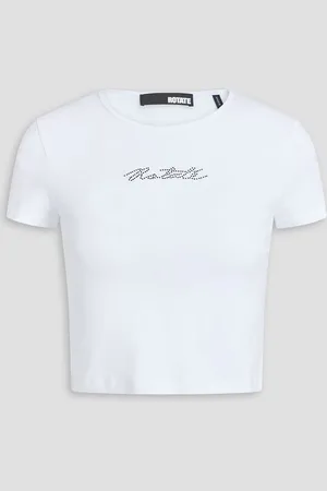 ROTATE Cropped crystal-embellished stretch-cotton and modal-blend jersey T-shirt