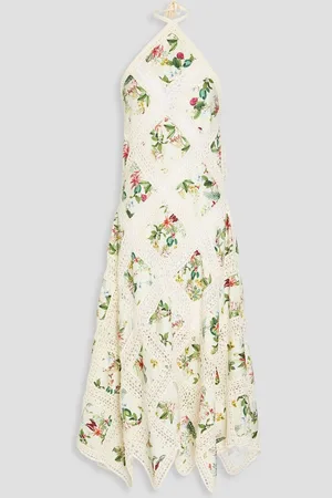 Oscar de la Renta Floral-print cotton-poplin and crochet halterneck midi dress - White