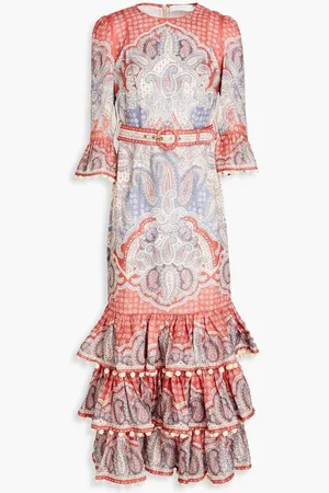 ZIMMERMANN Belted tiered floral-print linen midi dress - Red