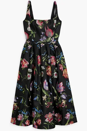Marchesa Notte Embroidered duchesse-satin midi dress