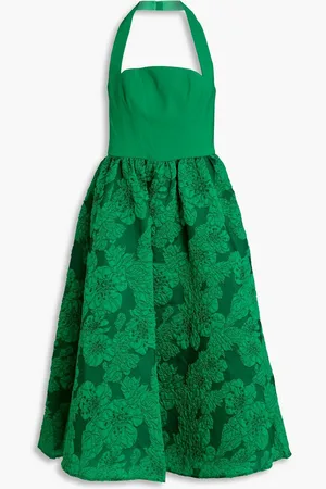Marchesa Notte Cloqué and crepe halterneck midi dress