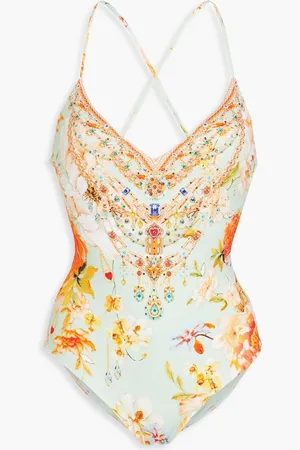 Camilla Crystal-embellished floral-print swimsuit - Blue