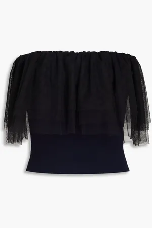 AUTUMN CASHMERE Strapless tulle-trimmed knitted top - Blue
