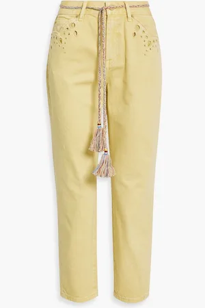 ZIMMERMANN Cropped broderie anglaise-trimmed mid-rise tapered jeans - Yellow