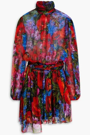 Dolce & Gabbana Belted pleated floral-print silk mini dress